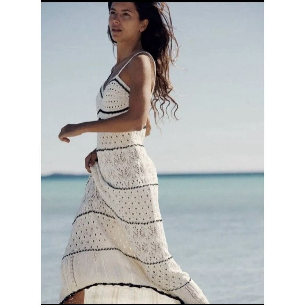 Lucky Brand SZ Large Crochet Midi Dress Ivroy and Black Bohemian Beachy Coastal